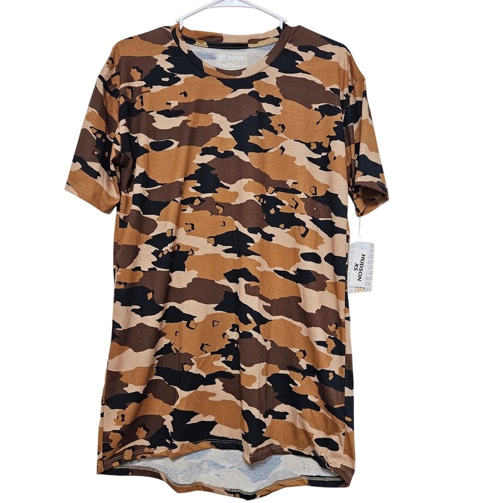 LuLaRoe Hudson Women XS Desert Camo Streetwear Brown Tan Camouflage Short Sleeve